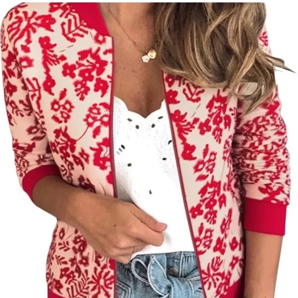ECOWISH‎ Floral Bomber Jacket Medium Red Cream Full Zip Lightweight Casual NWT